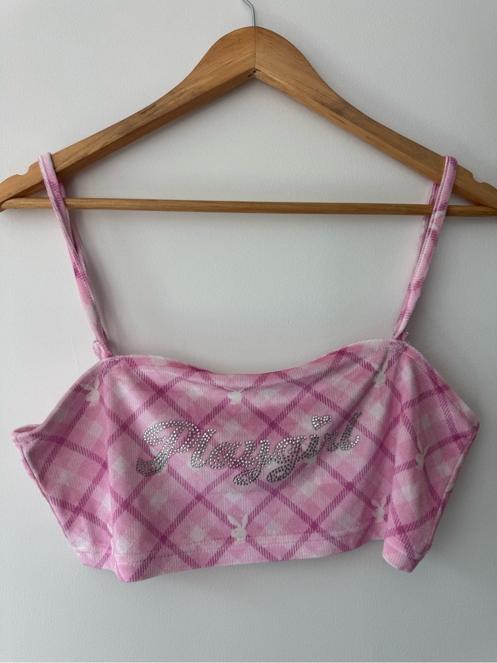 Ouchhh Y2K Pink Rhinestone Playgirl Bunny Velvet Crop Top M